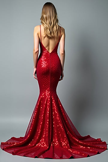 Sirène scintillante rouge spaghetti bretelles robe longue de bal